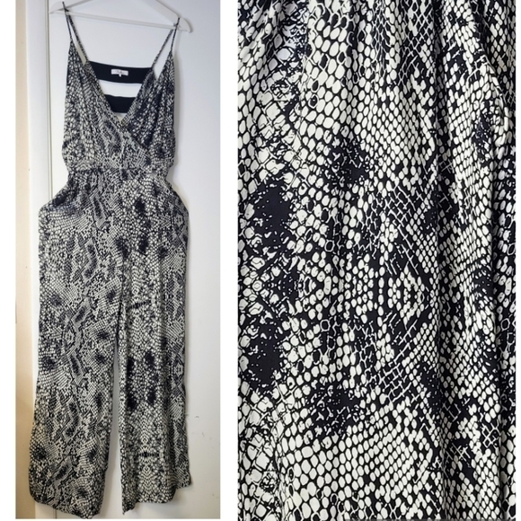 Parker Silk Black And White Snake Print Elastic Waist Wide Leg Jumpsuit S - Picture 1 of 14